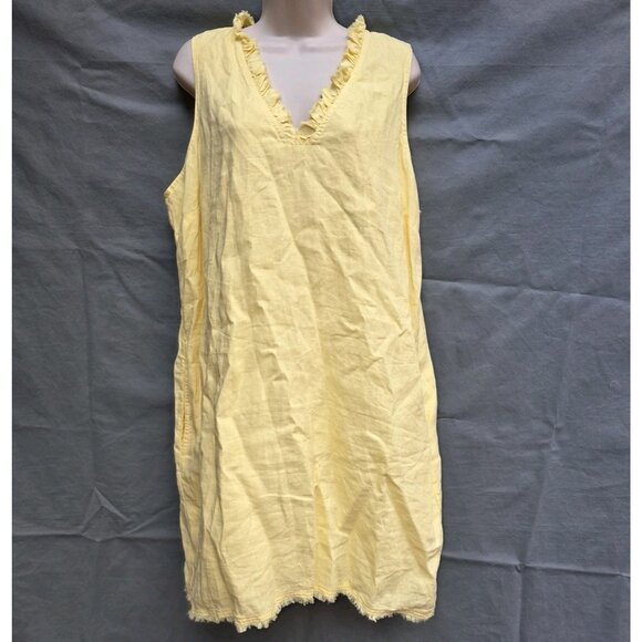 Tommy Bahama 100% Linen Butter Yellow Ruffle V-Neck A-line Dress Grand Soleil XL - Picture 1 of 4